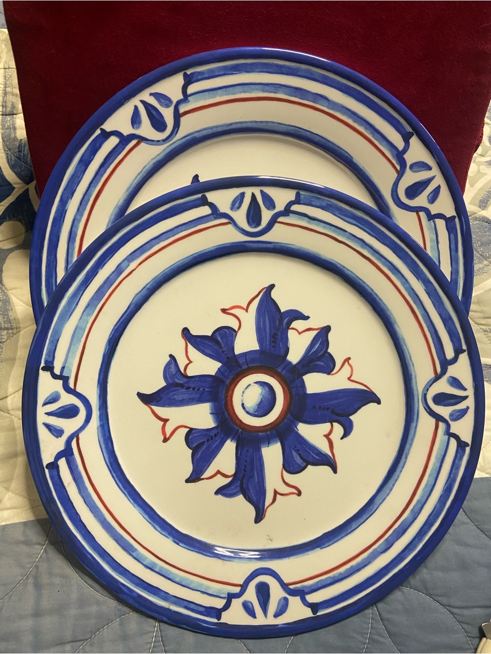 2PC. WILLIAM-SONOMA Melamine Plastic SICILY Blue Star Band Dinner Plate